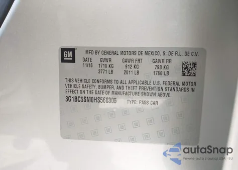 2017 Chevrolet Cruze Ls Auto z USA, uszkodzony, nr VIN 3G1BC5SM0HS560305